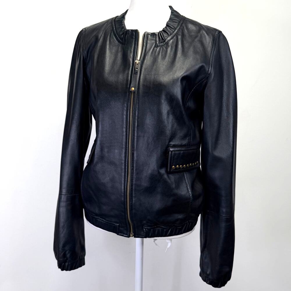 Mango MNG Suit Black 100% Sheepskin Leather Studded Bomber Jacket Womens Small